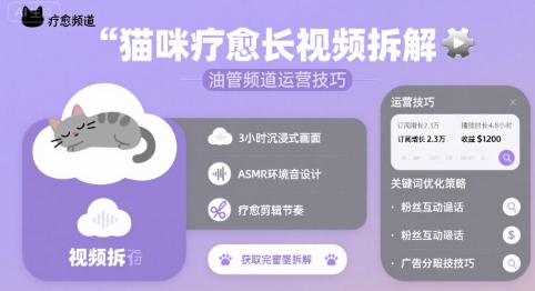 油管发视频挣钱（猫咪疗愈长视频+油管频道运营技巧）-狂金网创