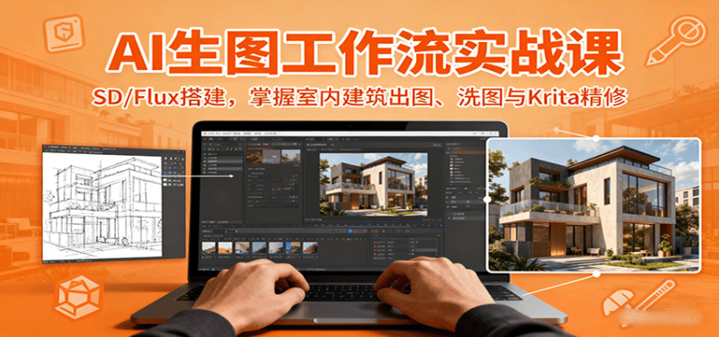 AI生图工作流实战（SD/Flux搭建）掌握室内建筑出图、洗图与Krita精修-狂金网创